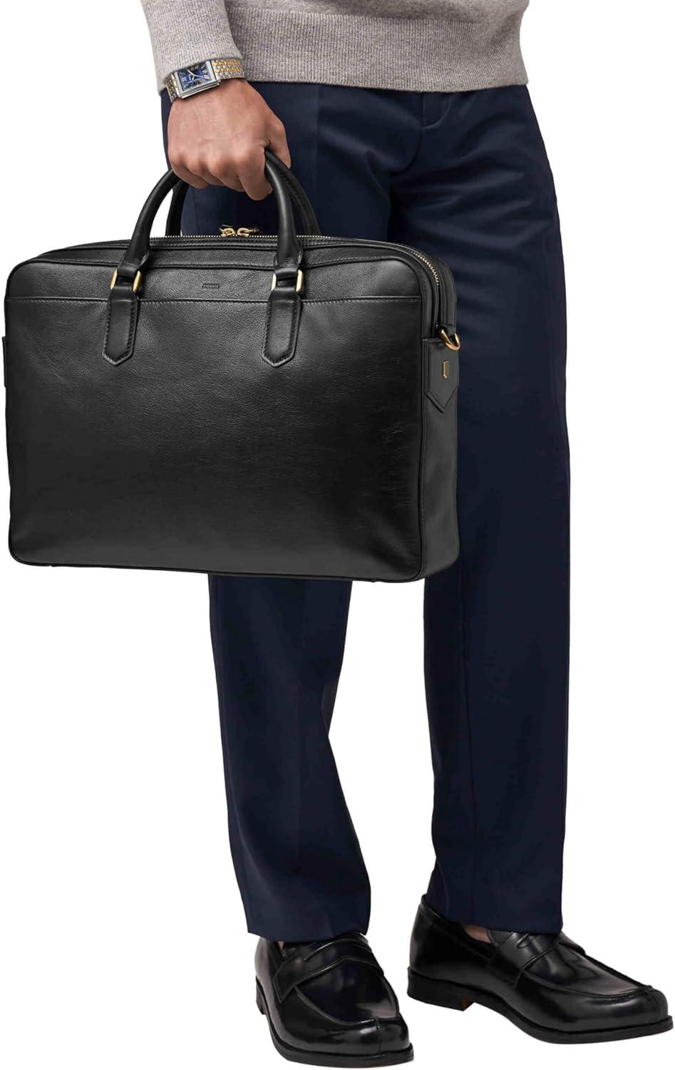 imageFossil Mens Asher Leather Messenger Laptop BagAsher Black Leather