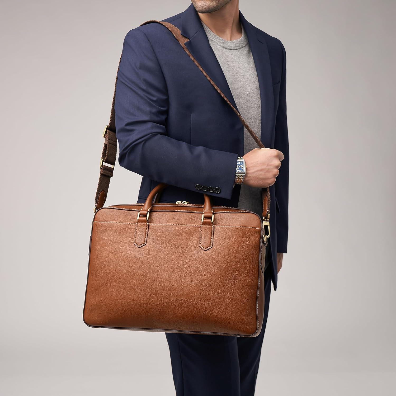 imageFossil Mens Asher Leather Messenger Laptop BagAsher Brown Leather