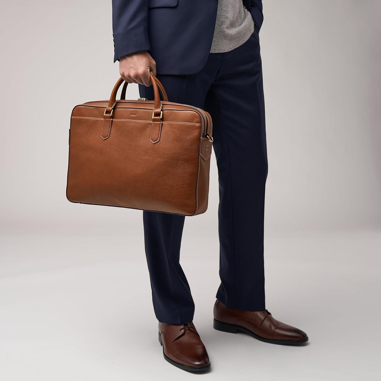 imageFossil Mens Asher Leather Messenger Laptop BagAsher Brown Leather