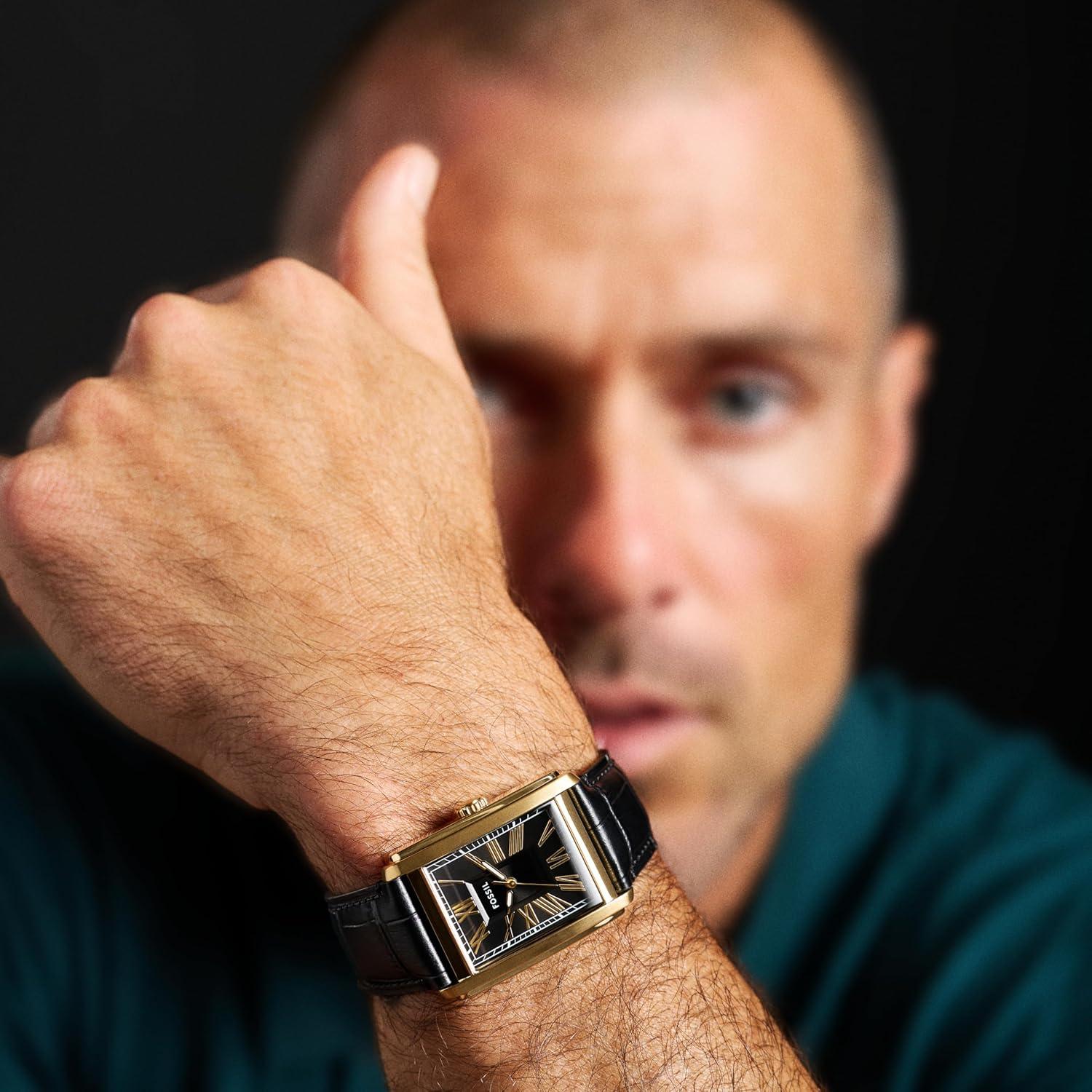 imageFossil Mens Carraway Quartz Stainless Steel ThreeHand WatchBlack LeatherGold