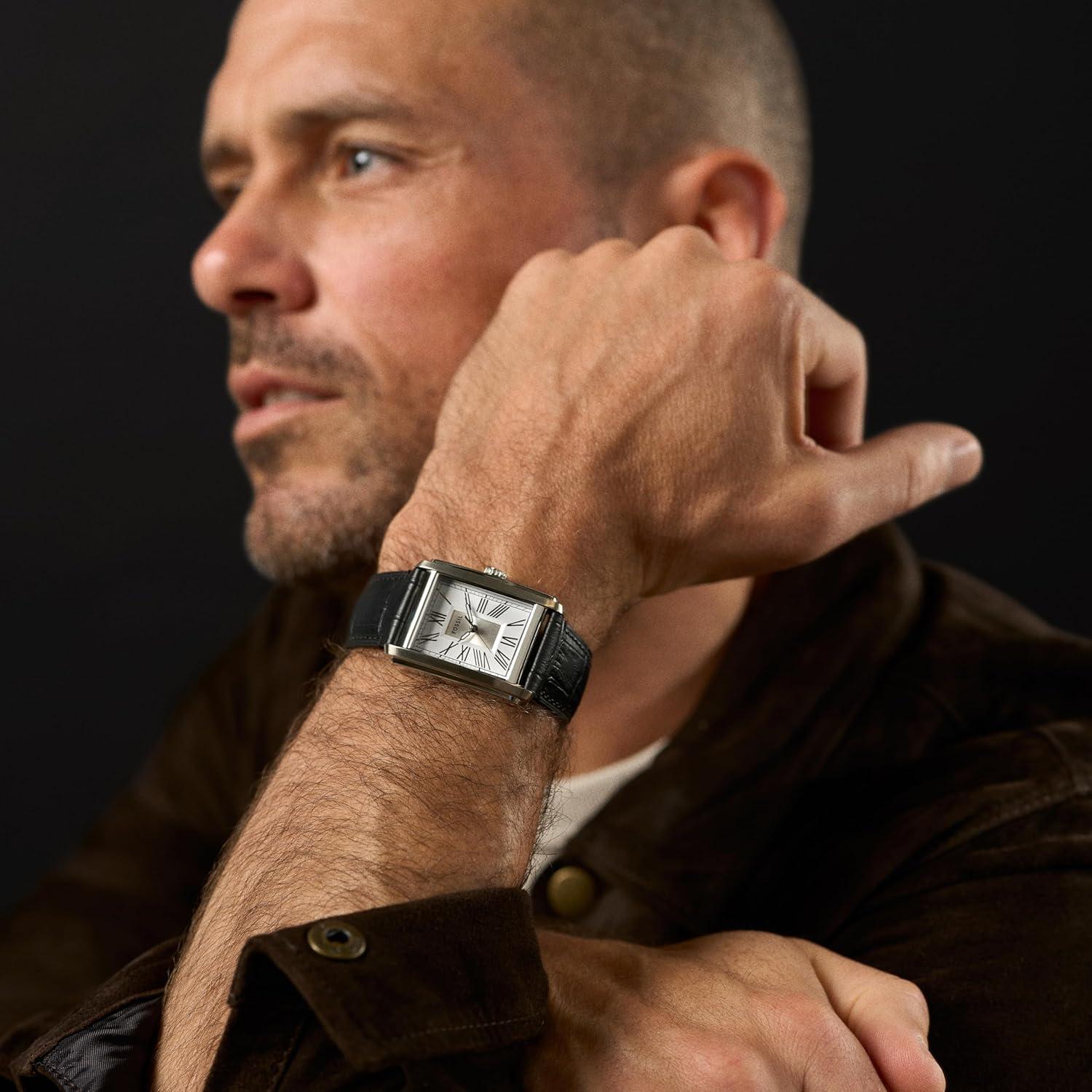 imageFossil Mens Carraway Quartz Stainless Steel ThreeHand WatchBlack LeatherSilver