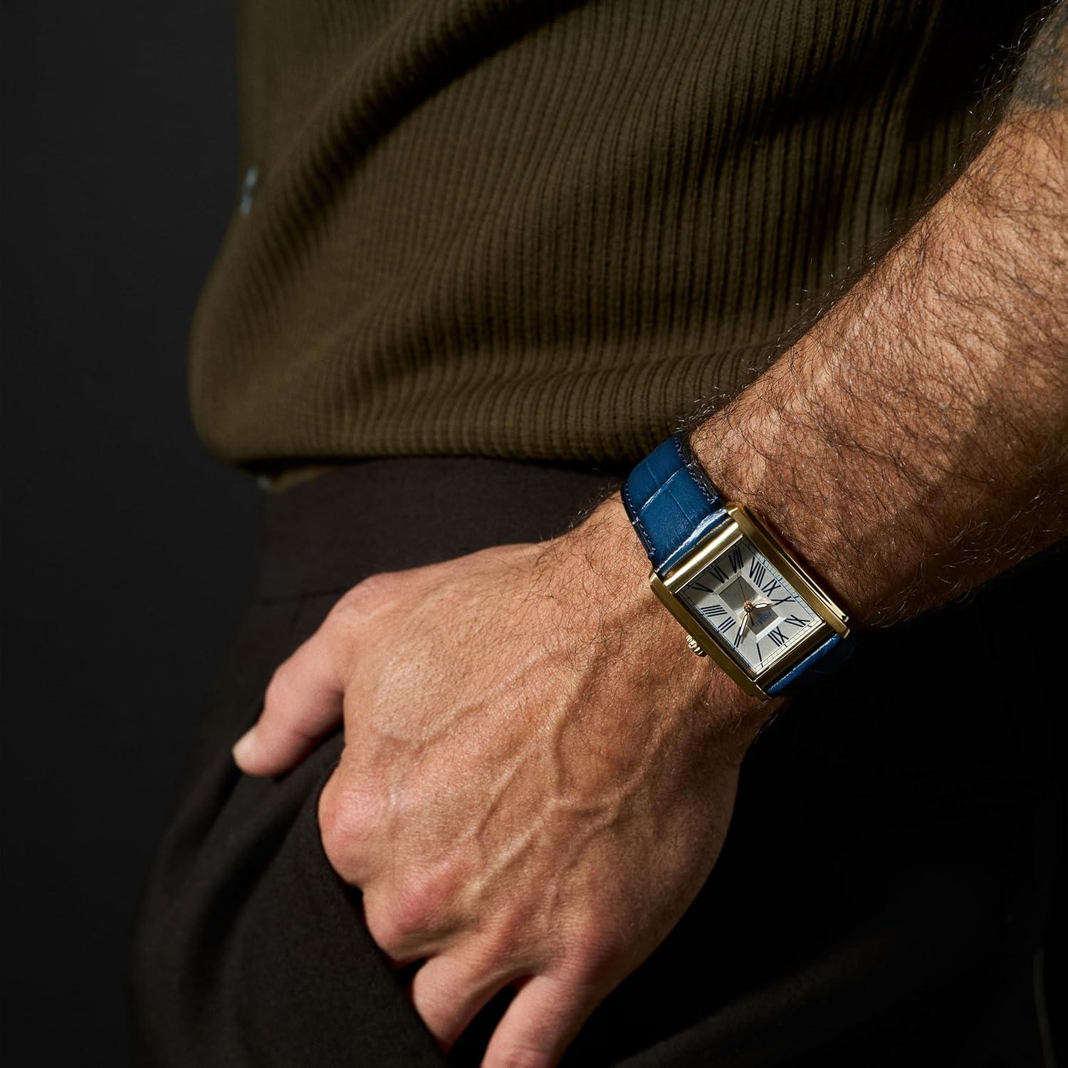 imageFossil Mens Carraway Quartz Stainless Steel ThreeHand WatchBlue LeatherGold