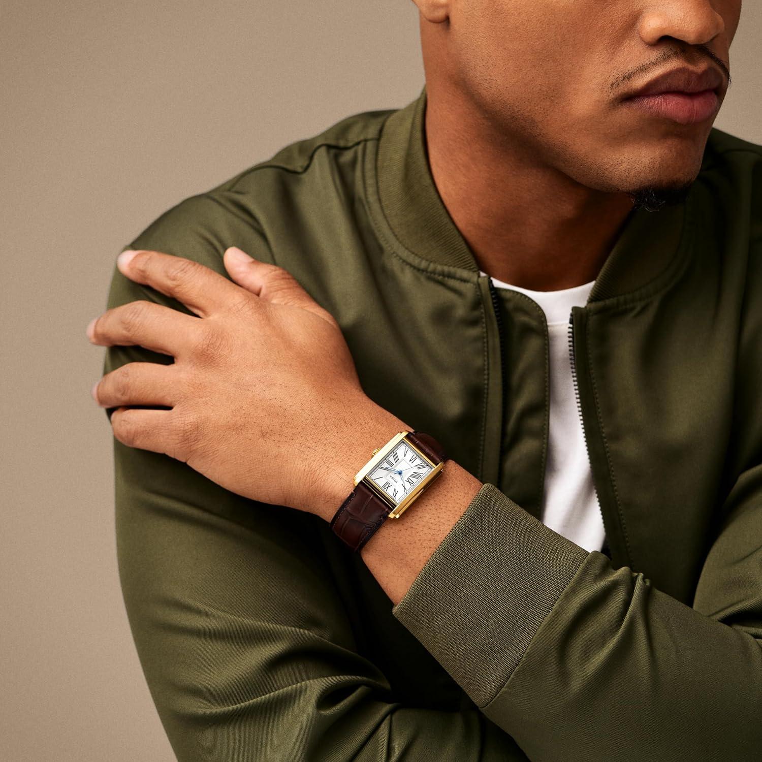 imageFossil Mens Carraway Quartz Stainless Steel ThreeHand WatchBrown LeatherGold