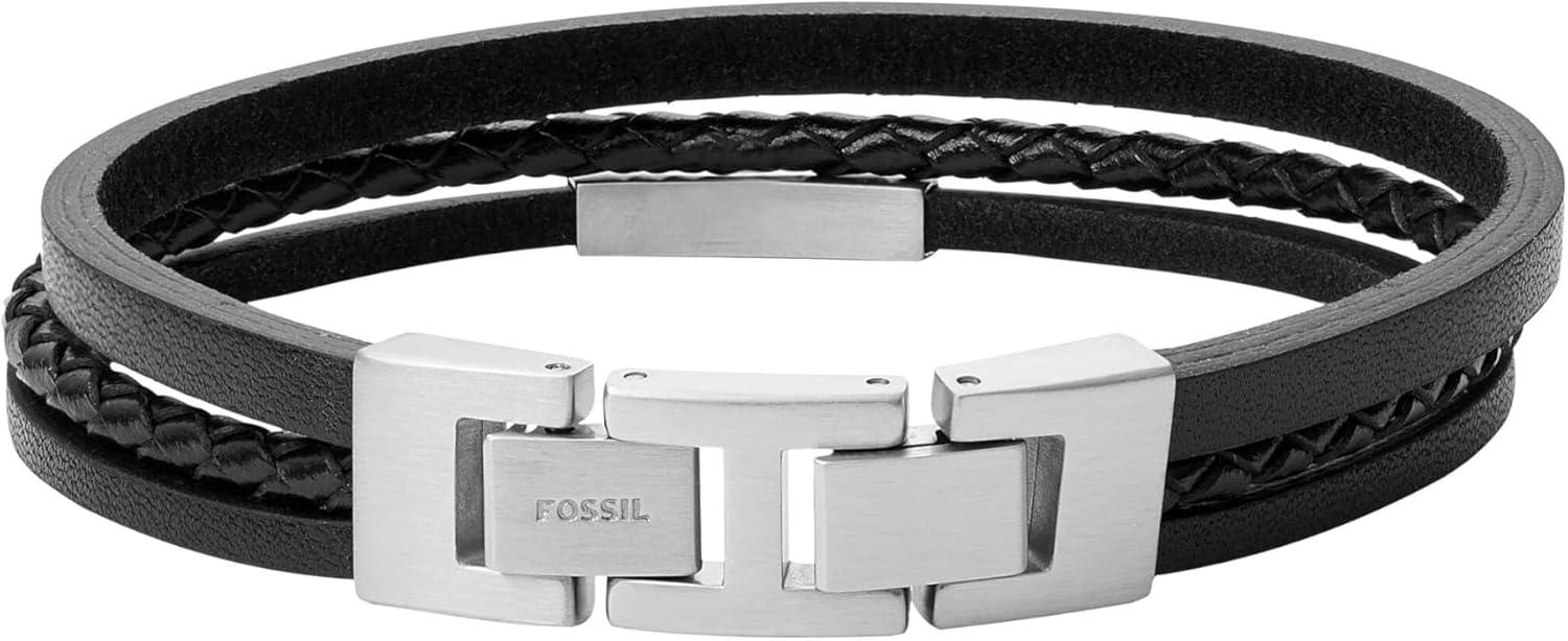 imageFossil Mens Casual Stainless Steel and Genuine Leather Bracelet for MenBlack Multi
