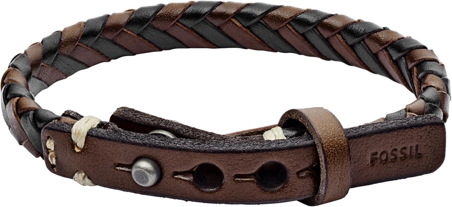imageFossil Mens Casual Stainless Steel and Genuine Leather Bracelet for MenBlackBrown