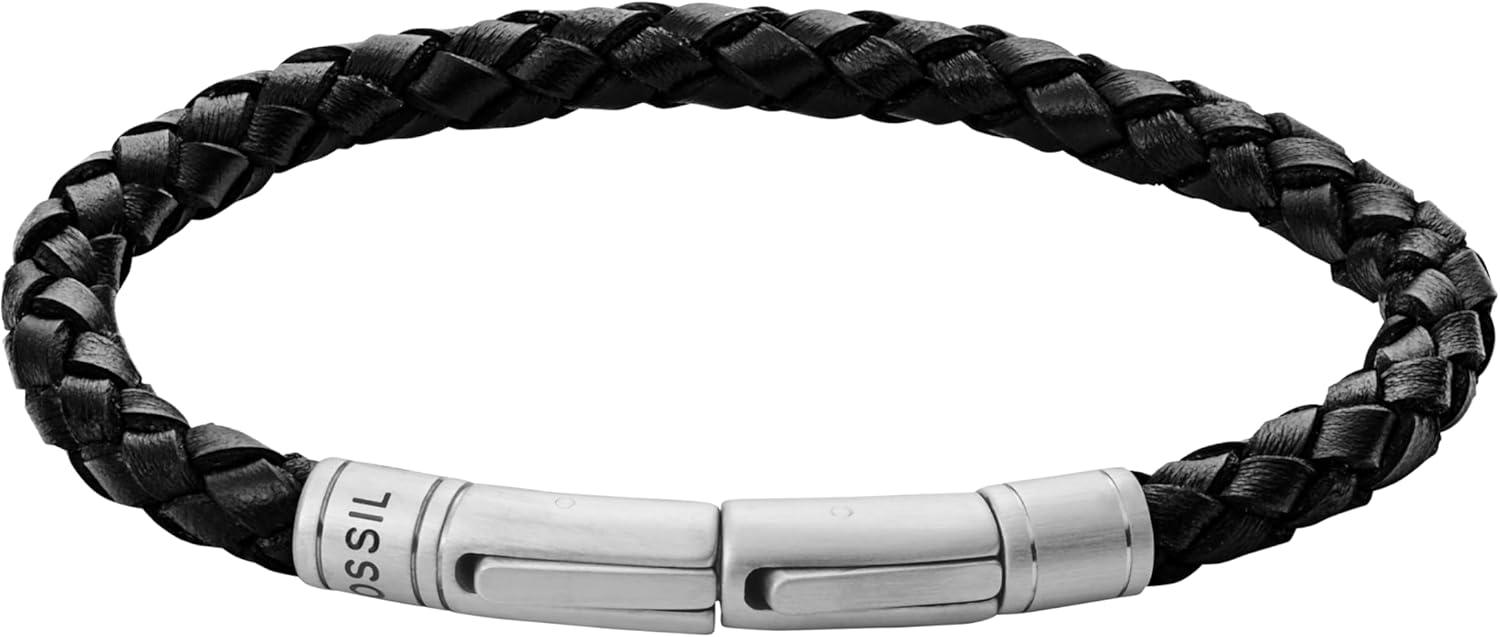 imageFossil Mens Casual Stainless Steel and Genuine Leather Bracelet for MenBlackSilver