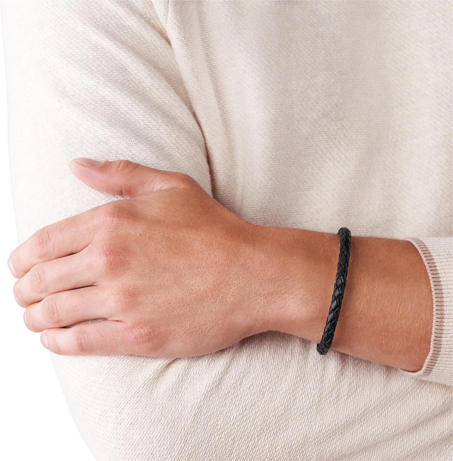 imageFossil Mens Casual Stainless Steel and Genuine Leather Bracelet for MenBlackSilver