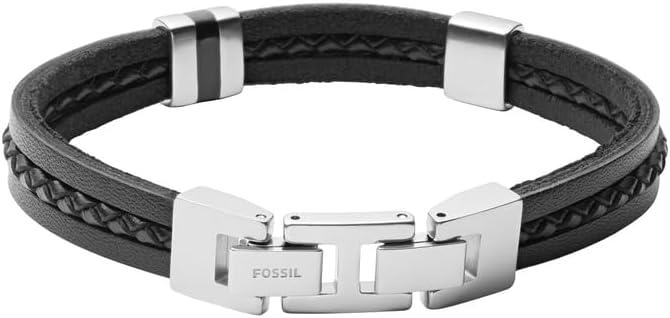 imageFossil Mens Casual Stainless Steel and Genuine Leather Bracelet for MenBlackSilver Multi