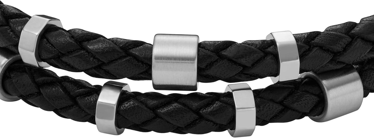 imageFossil Mens Casual Stainless Steel and Genuine Leather Bracelet for MenBlackSilver Multi Braided
