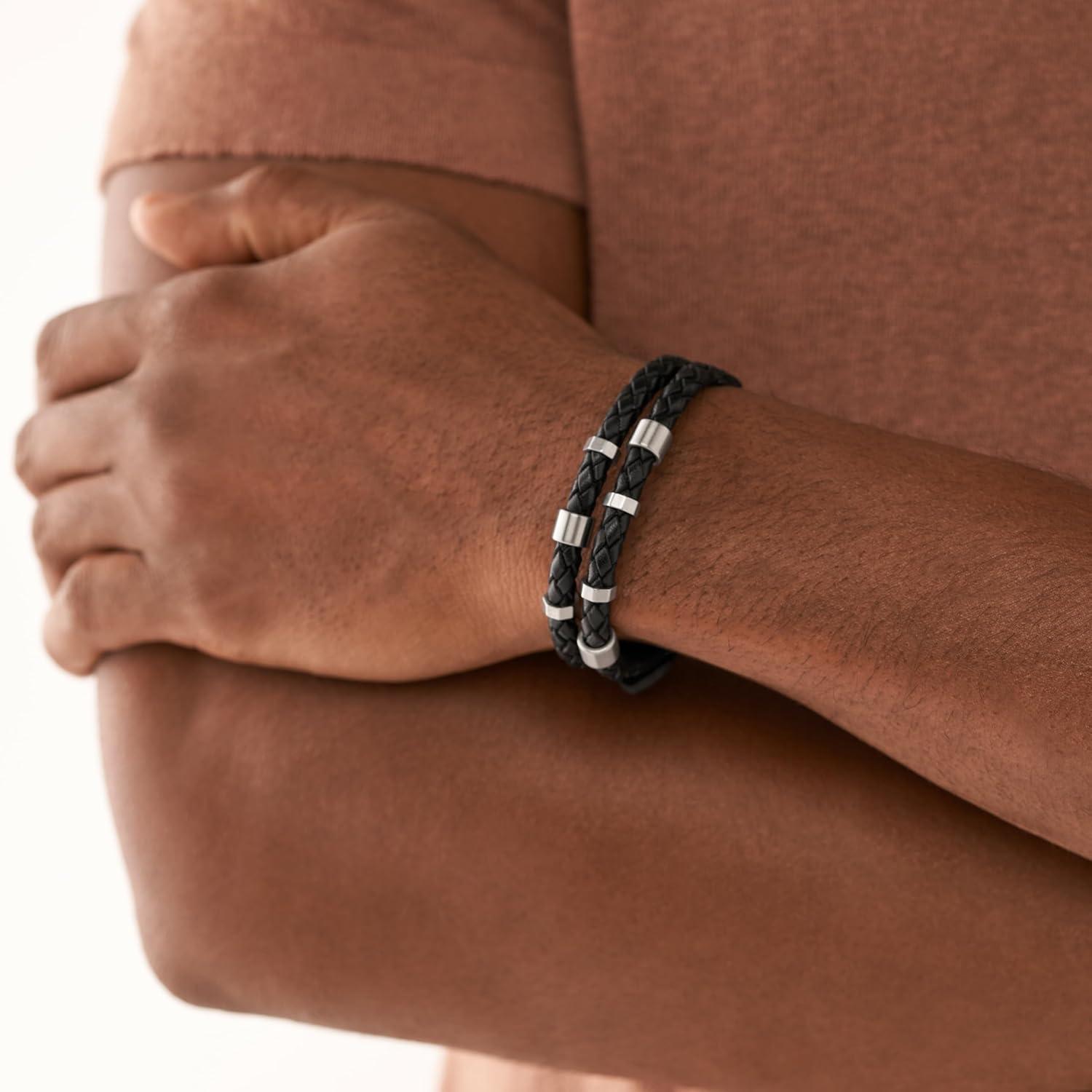 imageFossil Mens Casual Stainless Steel and Genuine Leather Bracelet for MenBlackSilver Multi Braided