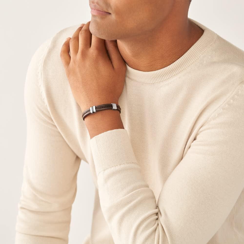 imageFossil Mens Casual Stainless Steel and Genuine Leather Bracelet for MenBrown BraidSilver