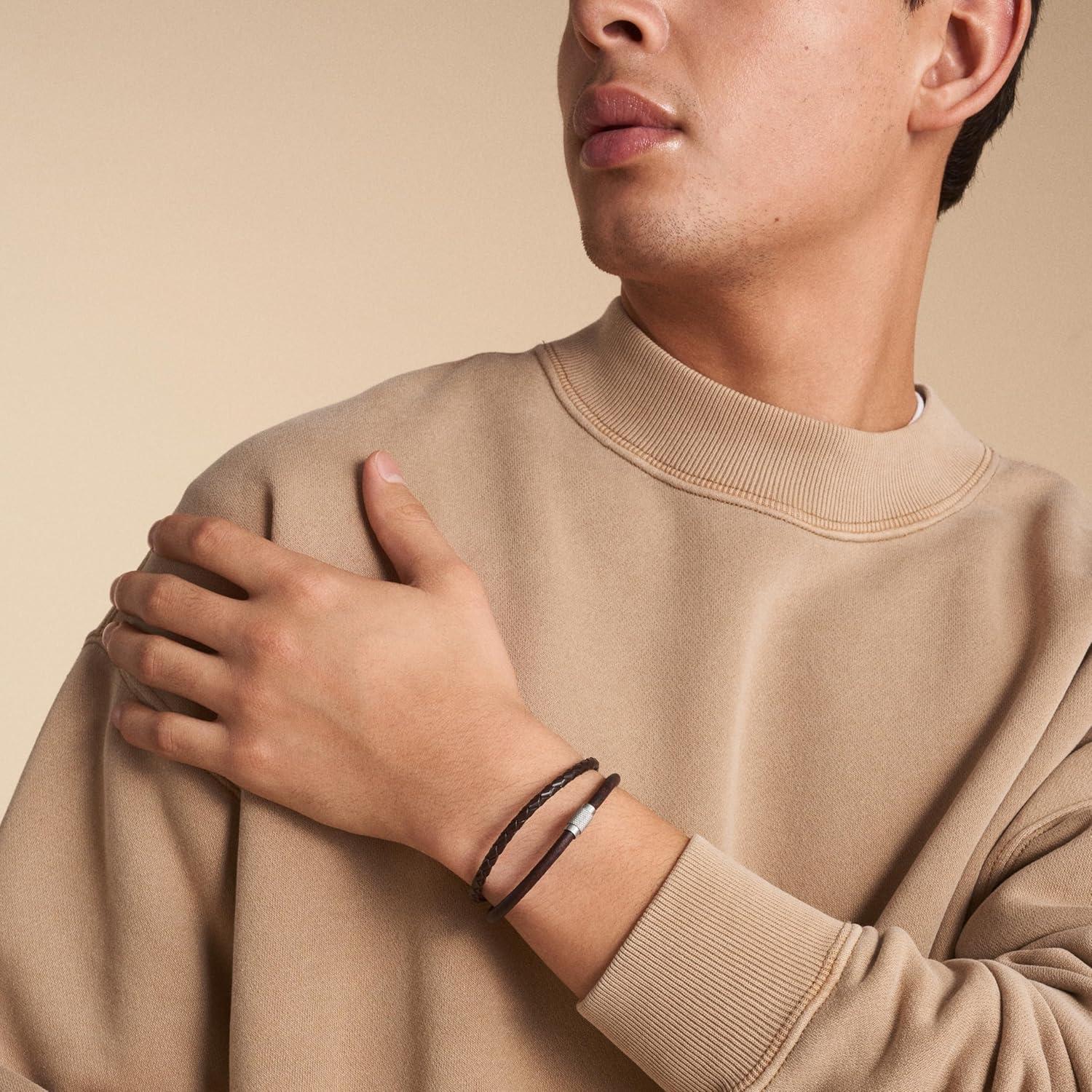 imageFossil Mens Casual Stainless Steel and Genuine Leather Bracelet for MenBrown Braided Multi w Silver Rondelle