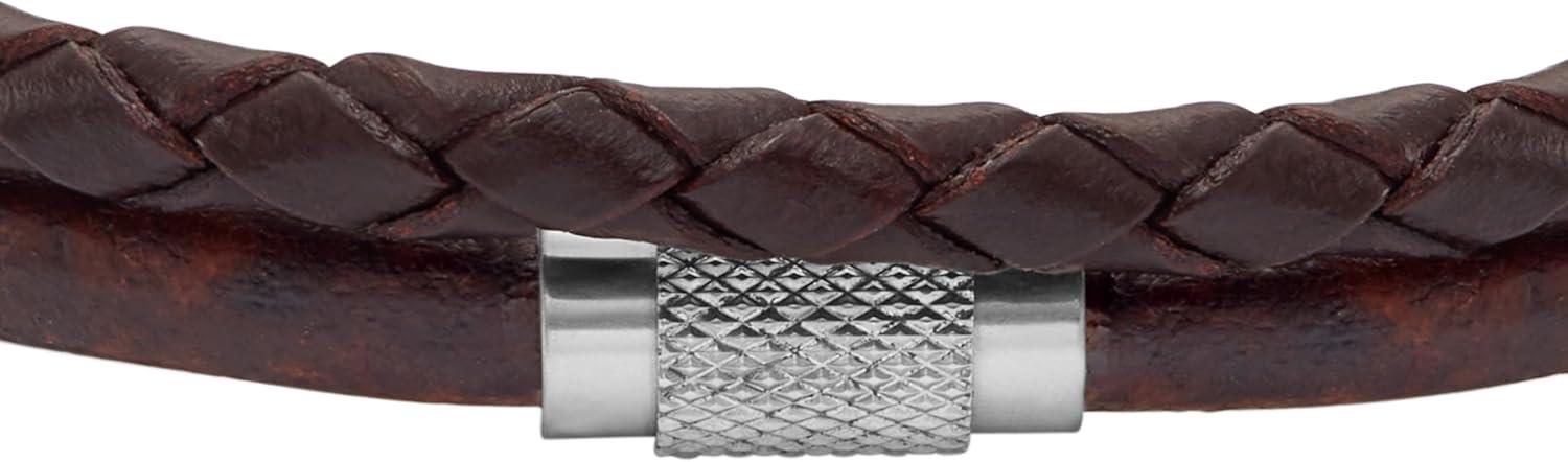 imageFossil Mens Casual Stainless Steel and Genuine Leather Bracelet for MenBrown Braided Multi w Silver Rondelle