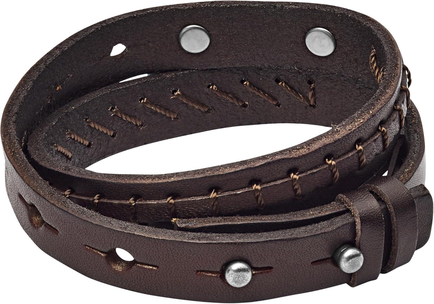 imageFossil Mens Casual Stainless Steel and Genuine Leather Bracelet for MenBrown Logo Plaque