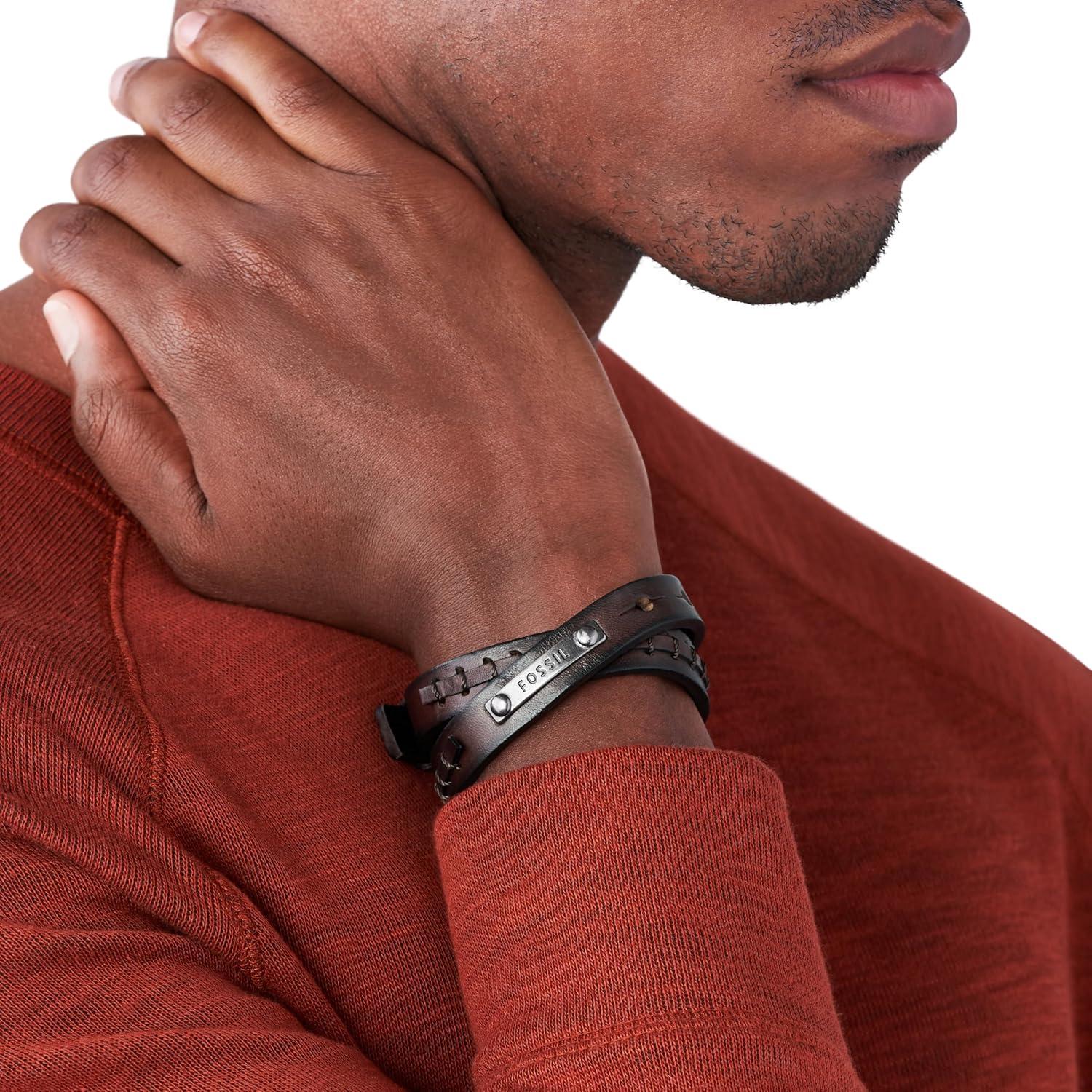 imageFossil Mens Casual Stainless Steel and Genuine Leather Bracelet for MenBrown Logo Plaque
