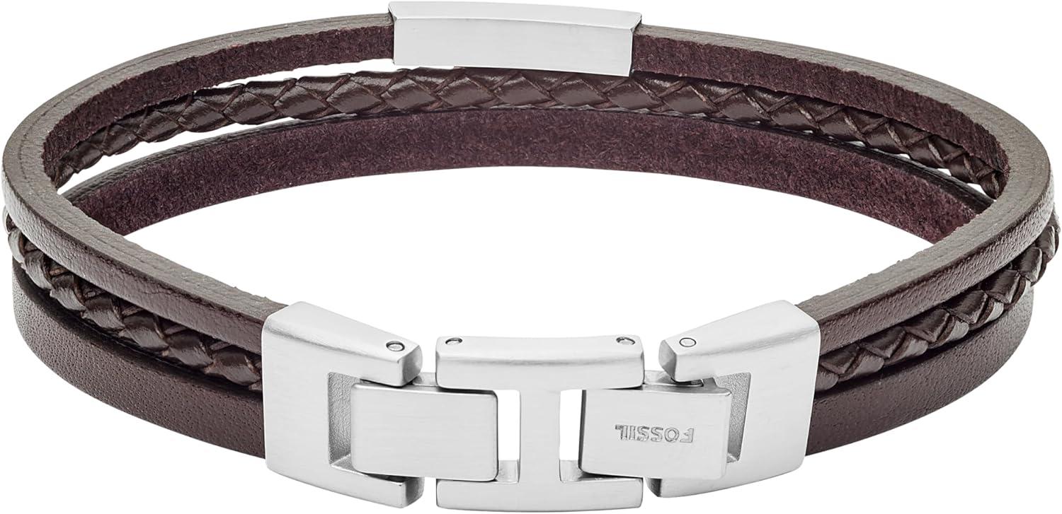 imageFossil Mens Casual Stainless Steel and Genuine Leather Bracelet for MenBrown Multi