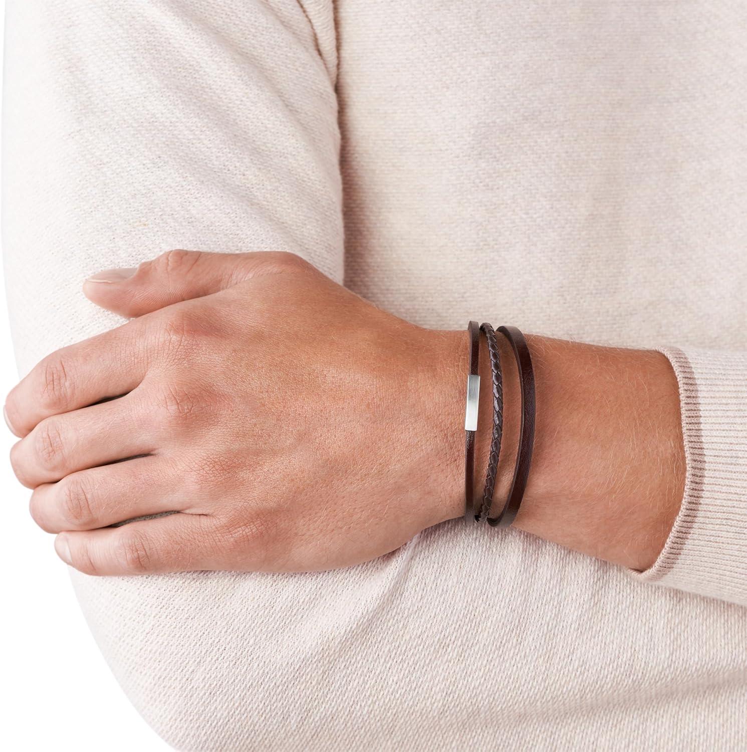 imageFossil Mens Casual Stainless Steel and Genuine Leather Bracelet for MenBrown Multi