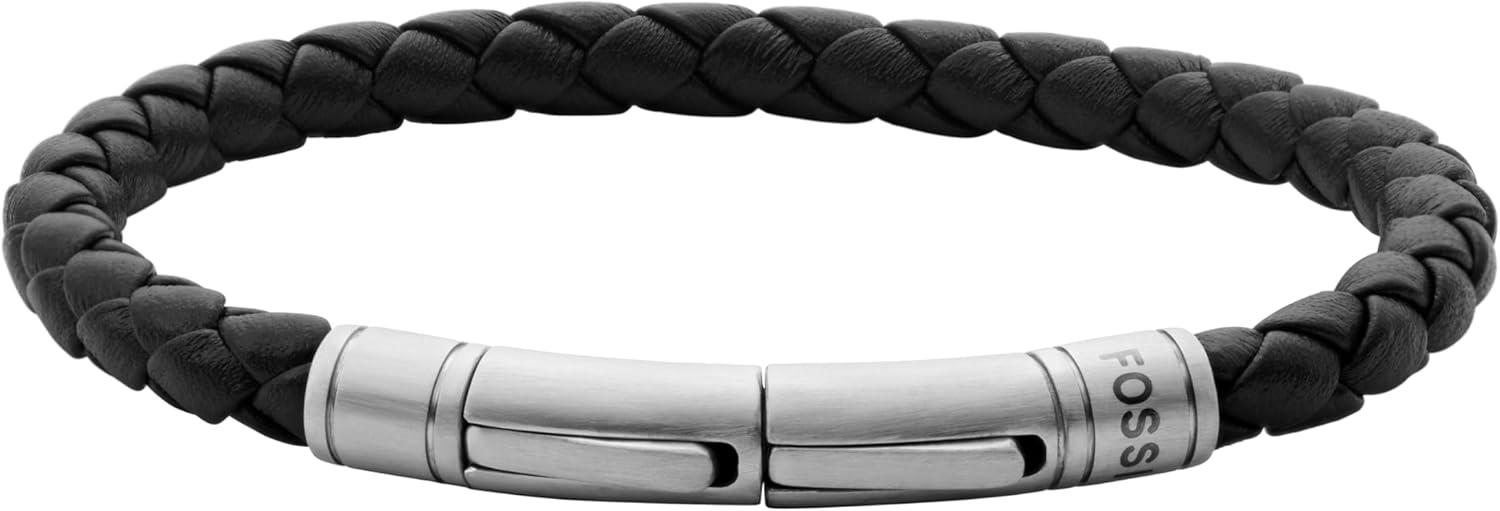 imageFossil Mens Casual Stainless Steel and Genuine Leather Bracelet for MenDark Brown