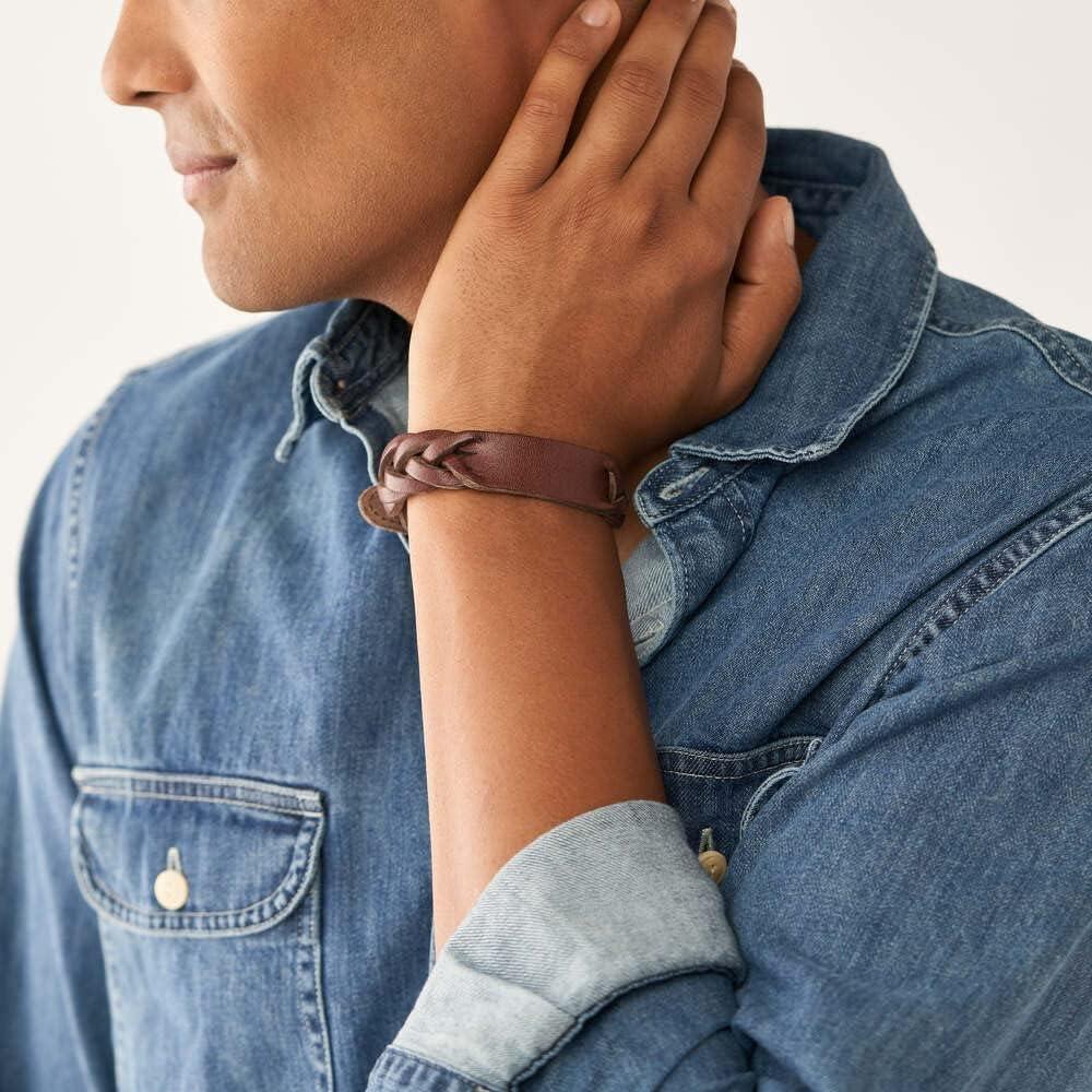 imageFossil Mens Casual Stainless Steel and Genuine Leather Bracelet for MenHeritage Brown Large