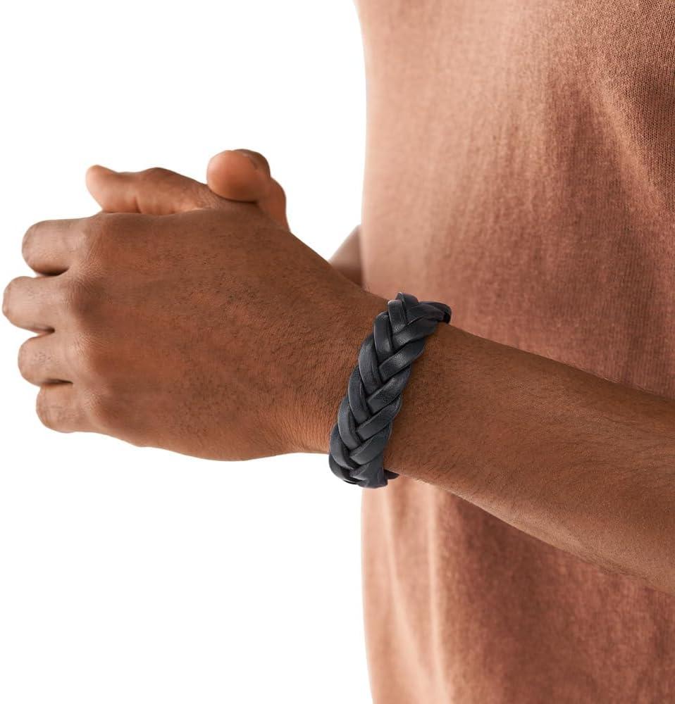 imageFossil Mens Casual Stainless Steel and Genuine Leather Bracelet for MenNavy Blue