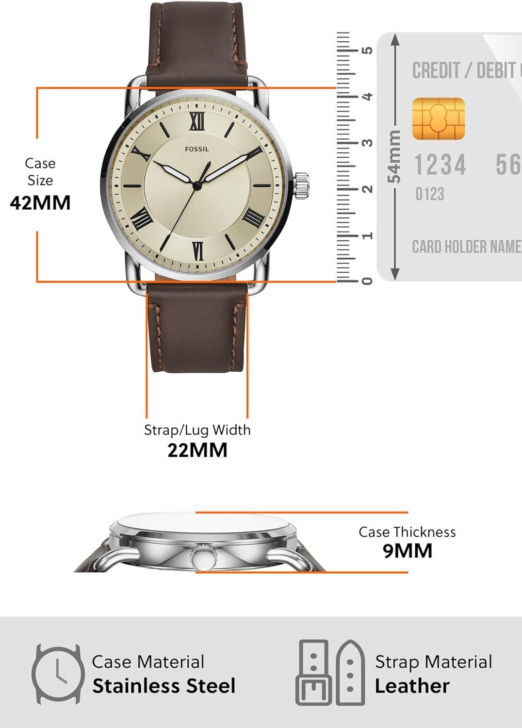 imageFossil Mens Copeland Quartz Stainless Steel and Leather ThreeHand WatchSilverCream Dial  Brown