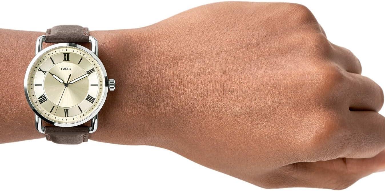 imageFossil Mens Copeland Quartz Stainless Steel and Leather ThreeHand WatchSilverCream Dial  Brown