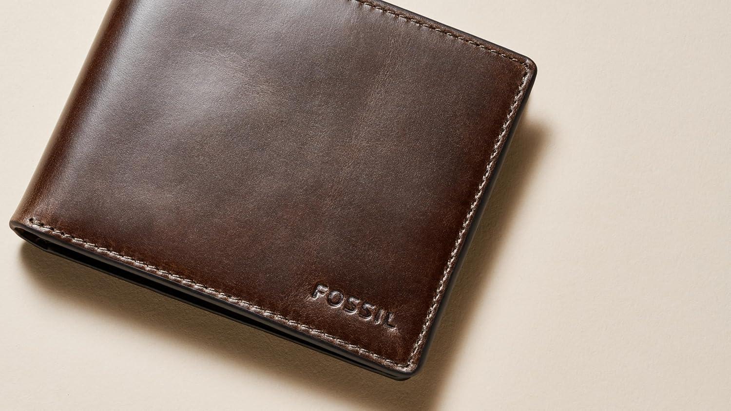 imageFossil Mens Derrick RFIDBlocking Leather Bifold Wallet with Flip ID Window for MenDark Brown