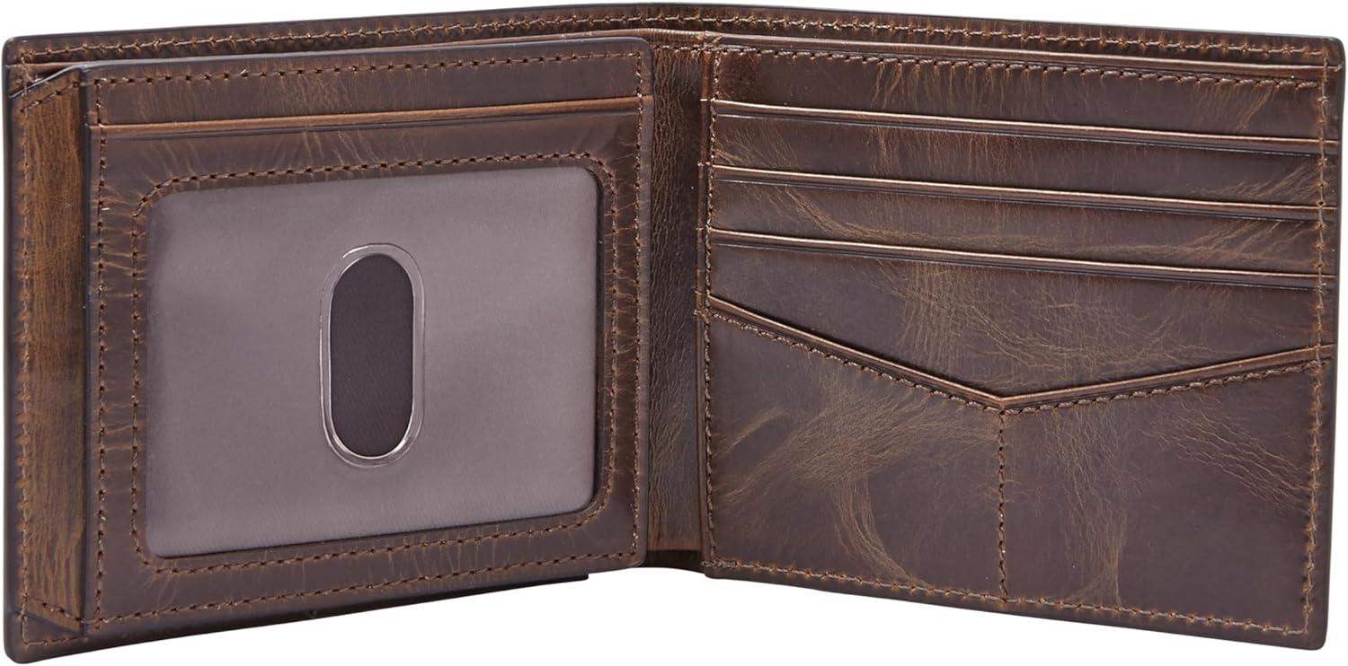 imageFossil Mens Derrick RFIDBlocking Leather Bifold Wallet with Flip ID Window for MenDark Brown