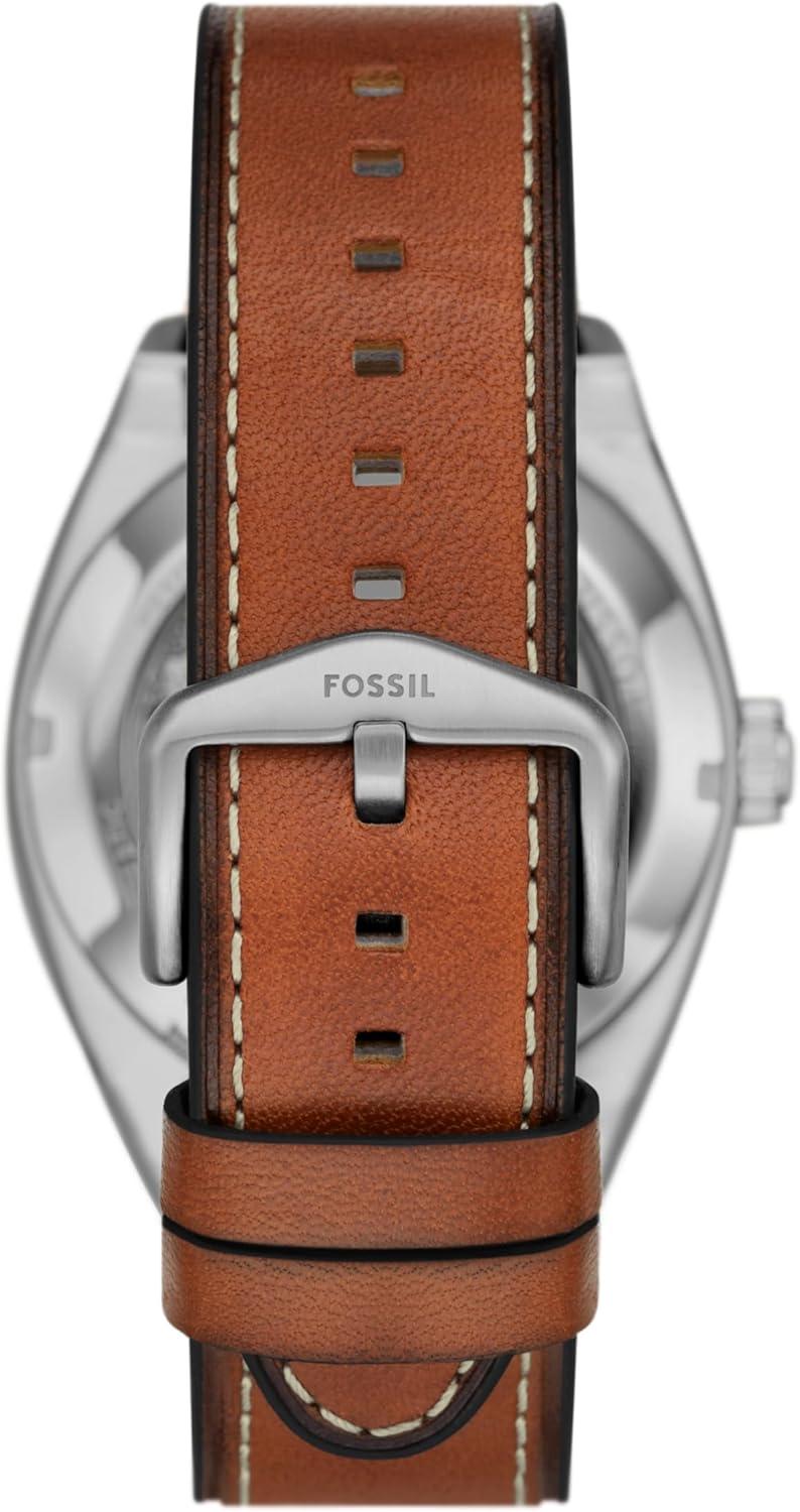 imageFossil Mens Everett Automatic Stainless Steel ThreeHand WatchBrown LeatherSilverGreen