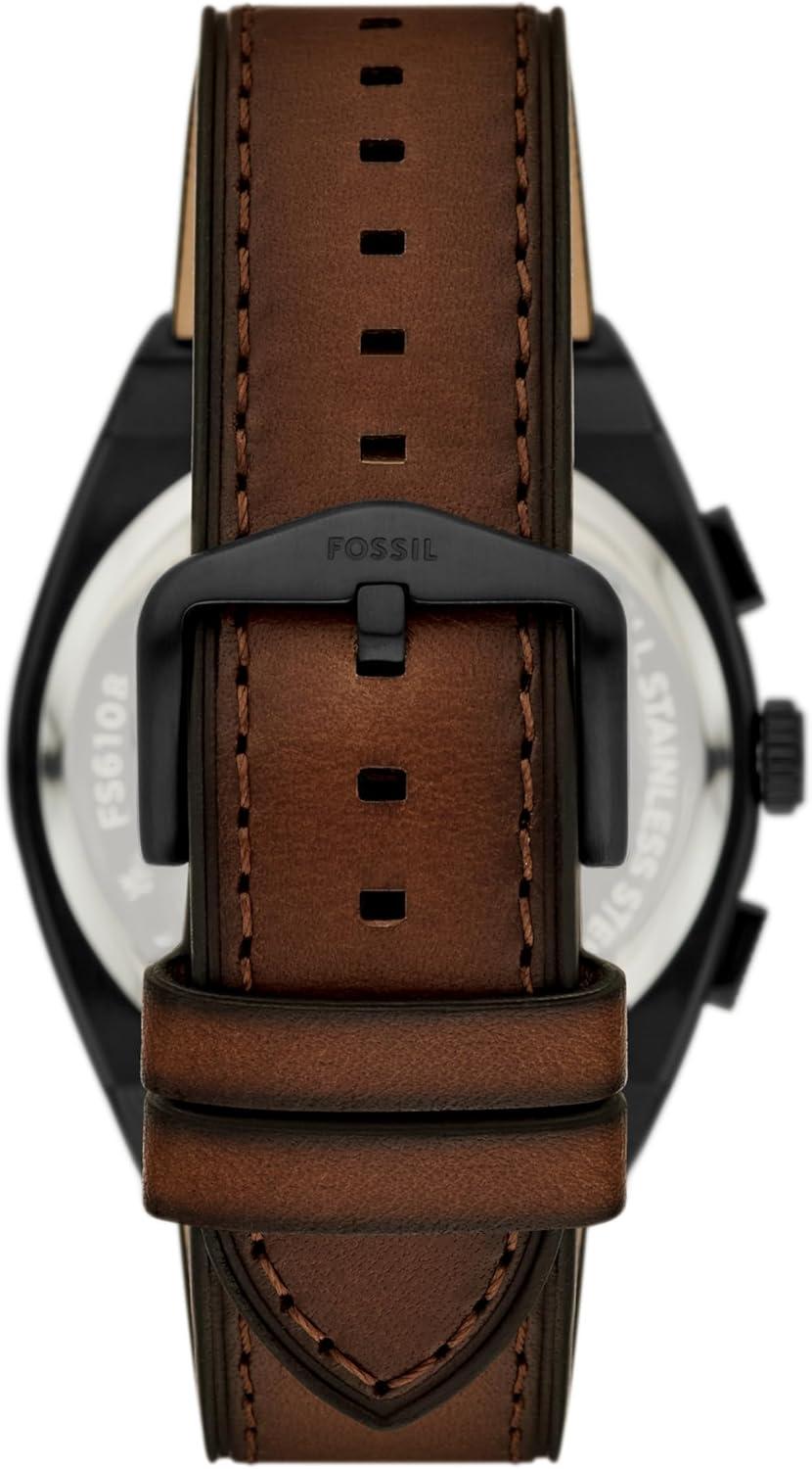 imageFossil Mens Everett Quartz Stainless Steel ThreeHand WatchBrown LeatherBlack Chrono