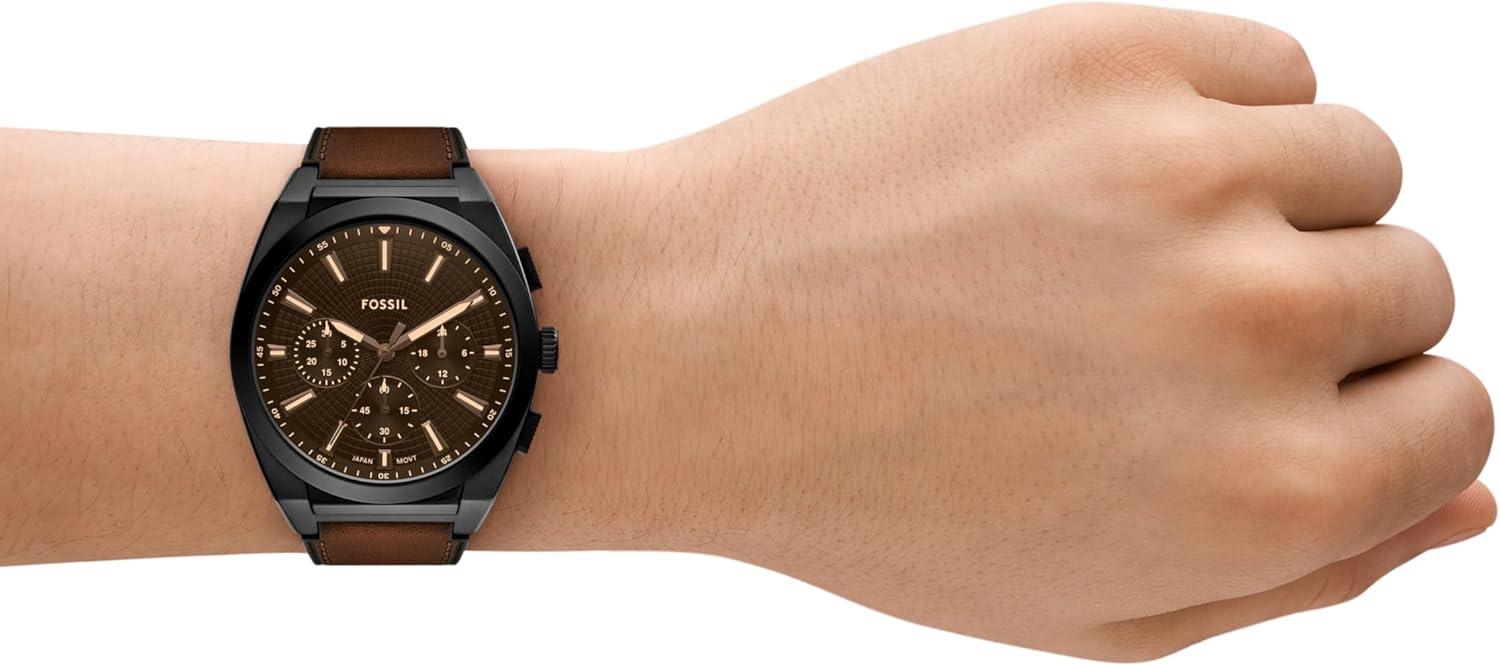imageFossil Mens Everett Quartz Stainless Steel ThreeHand WatchBrown LeatherBlack Chrono
