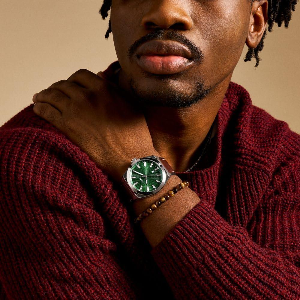 imageFossil Mens Everett Quartz Stainless Steel ThreeHand WatchBrown LeatherSilverGreen Gift Set