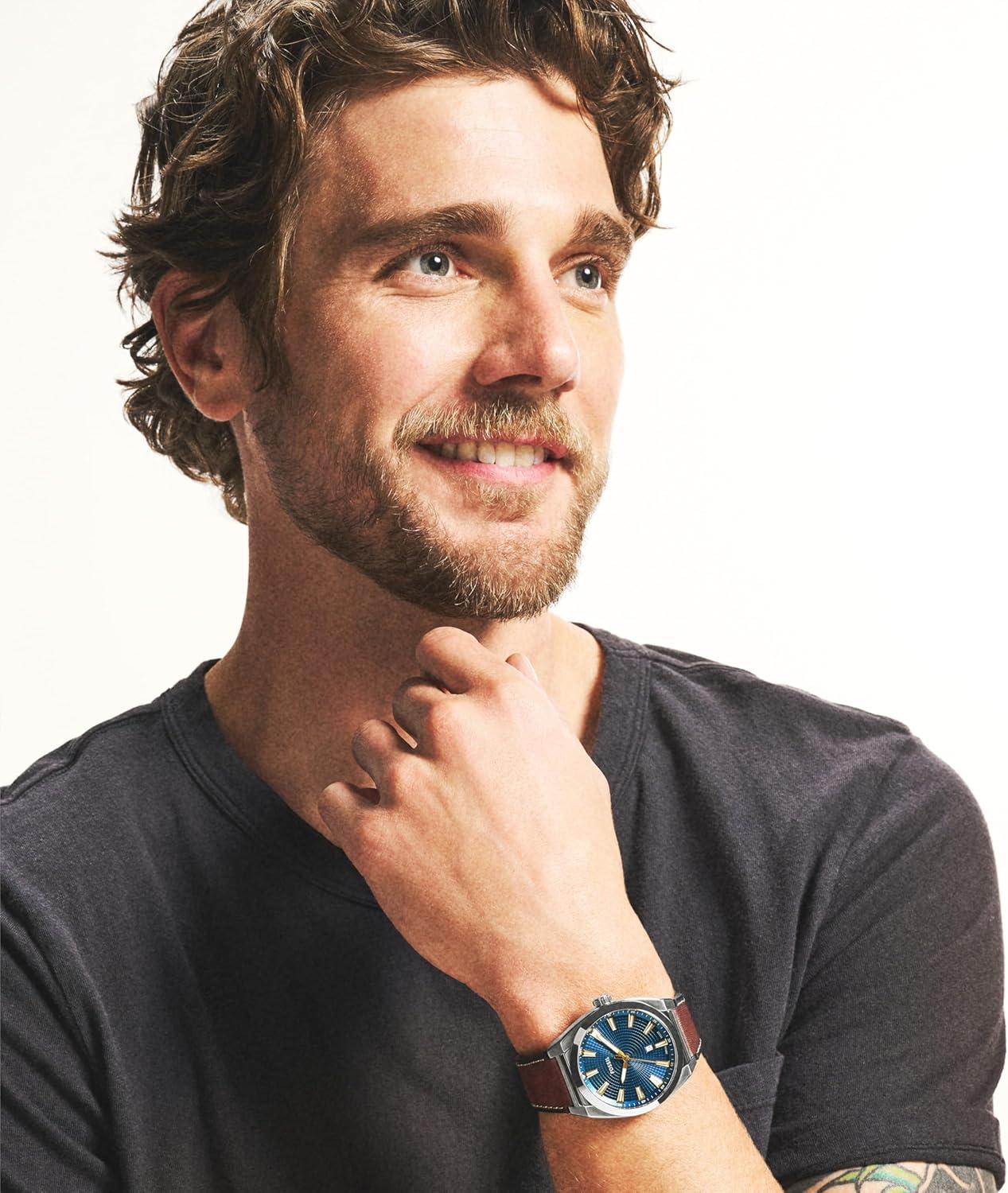 imageFossil Mens Everett Quartz Stainless Steel ThreeHand WatchBrownSilverBlue