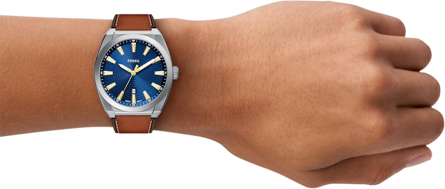 imageFossil Mens Everett Quartz Stainless Steel ThreeHand WatchBrownSilverBlue