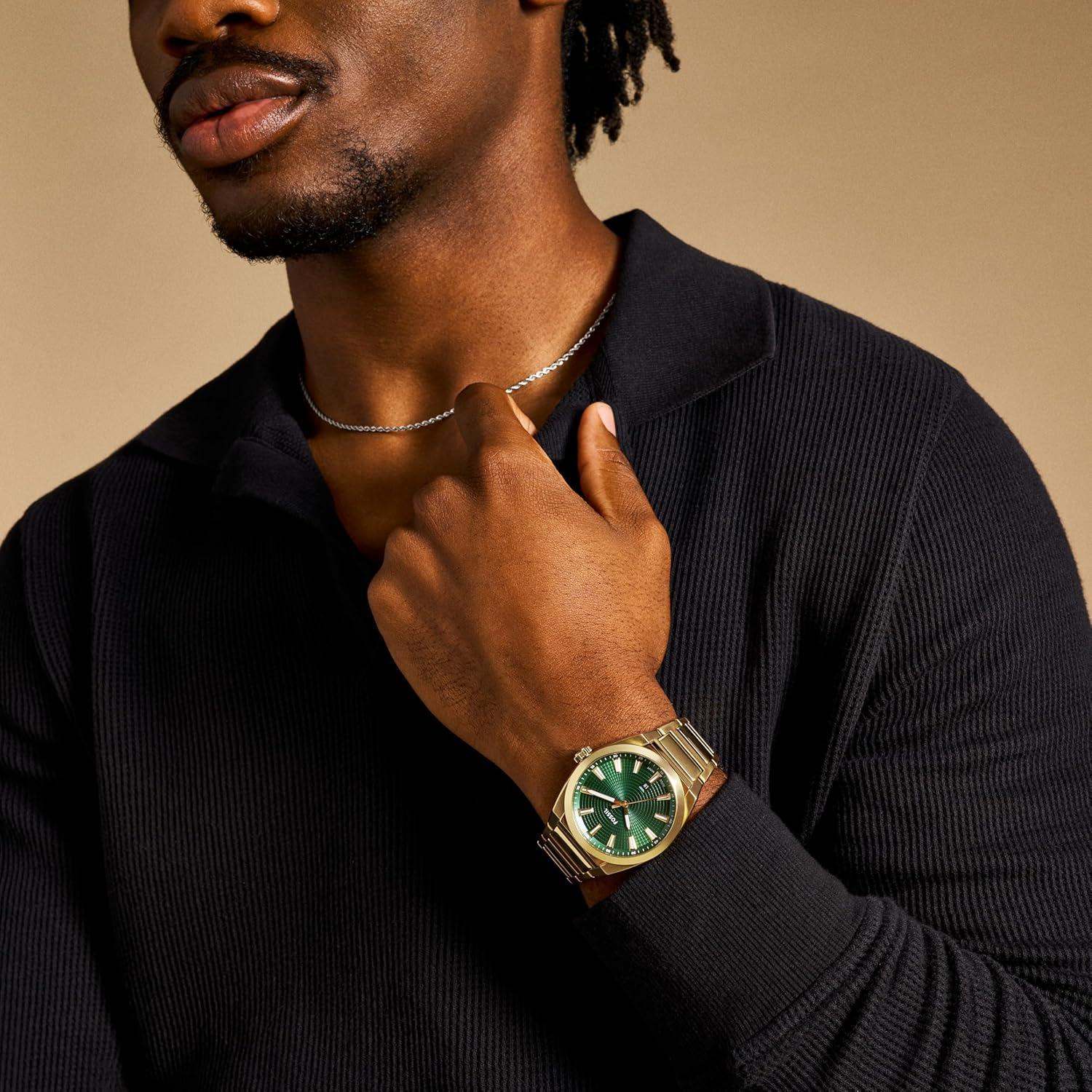 imageFossil Mens Everett Quartz Stainless Steel ThreeHand WatchGoldGreen