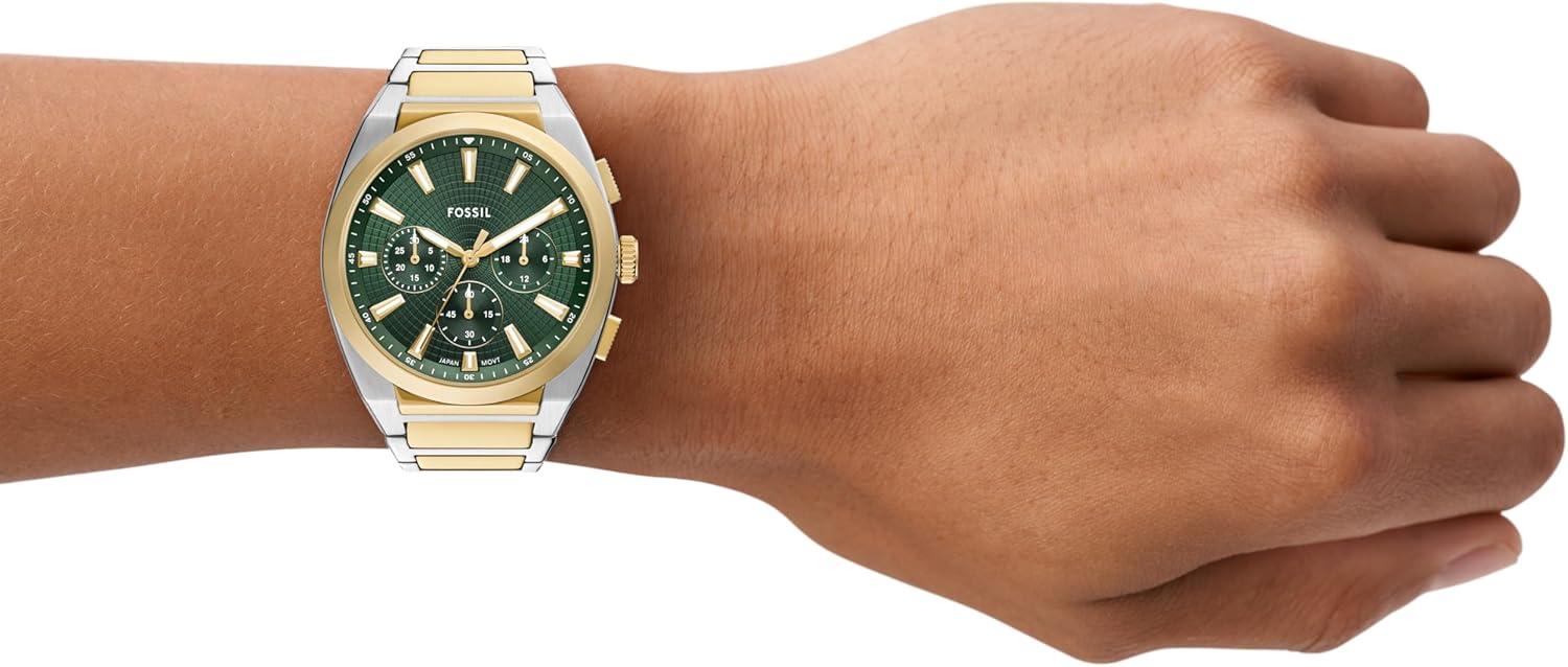 imageFossil Mens Everett Quartz Stainless Steel ThreeHand WatchGoldSilverGreen Chrono