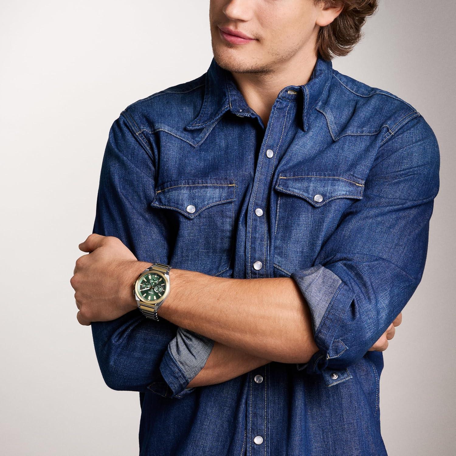 imageFossil Mens Everett Quartz Stainless Steel ThreeHand WatchGoldSilverGreen Chrono