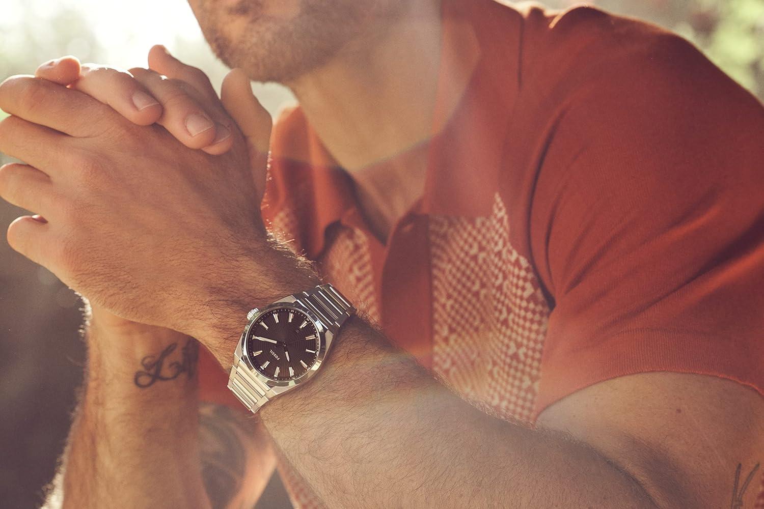 imageFossil Mens Everett Quartz Stainless Steel ThreeHand WatchSilverBlack