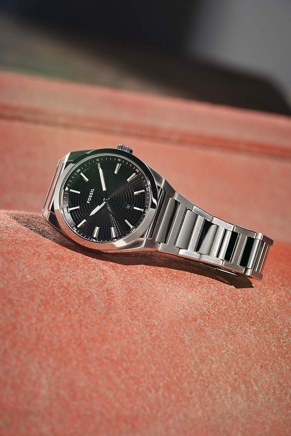 imageFossil Mens Everett Quartz Stainless Steel ThreeHand WatchSilverBlack