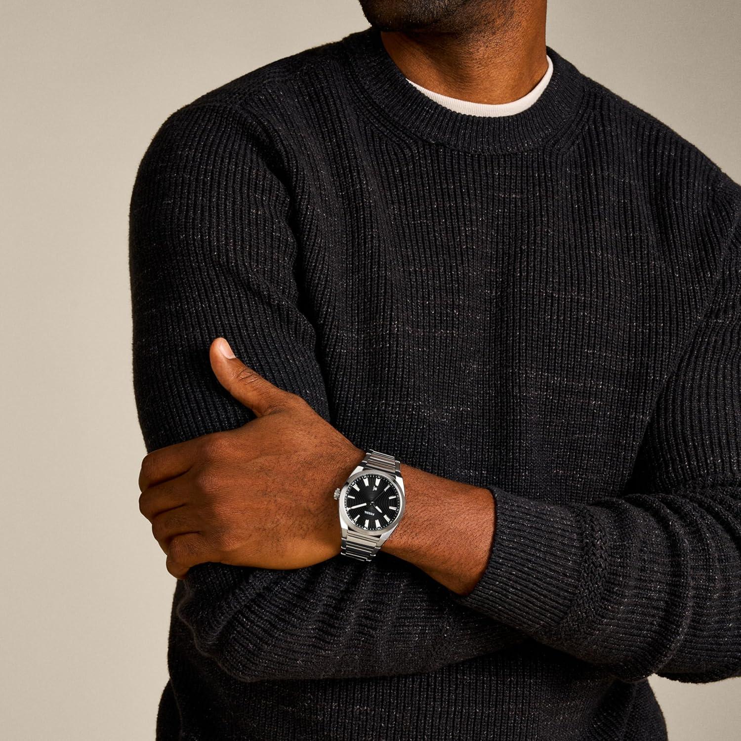 imageFossil Mens Everett Quartz Stainless Steel ThreeHand WatchSilverBlack