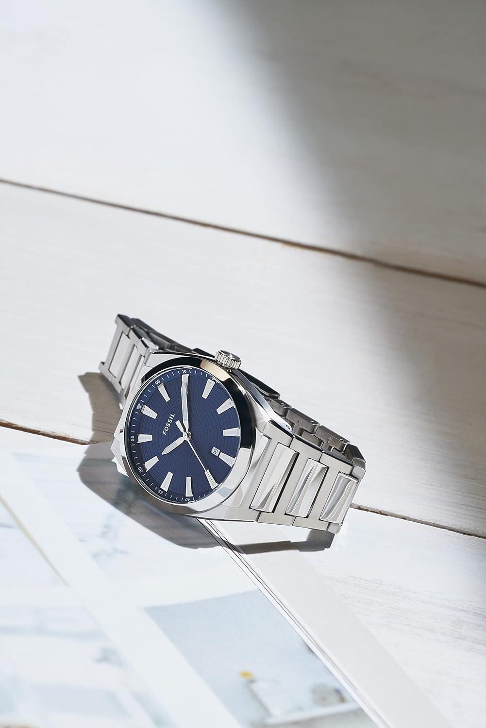 imageFossil Mens Everett Quartz Stainless Steel ThreeHand WatchSilverBlue