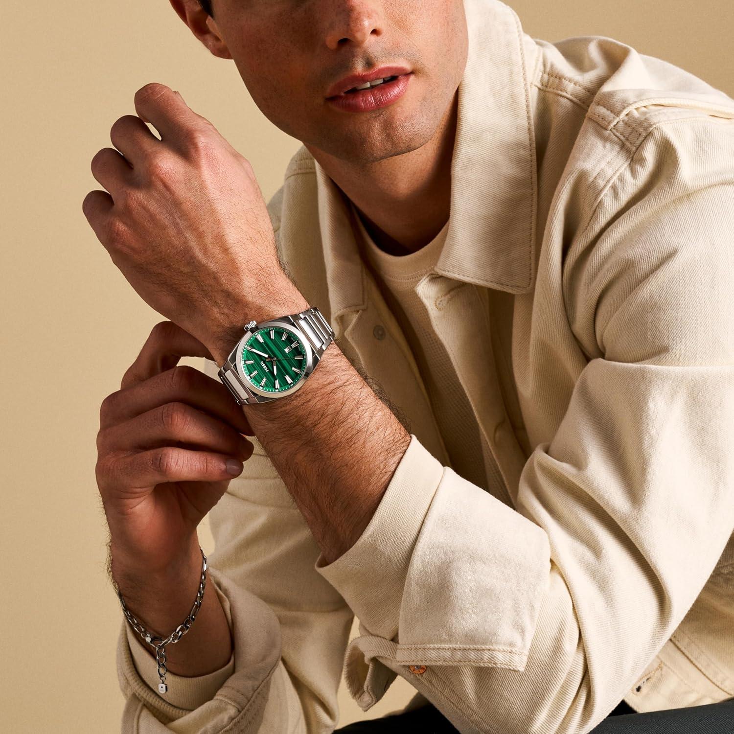 imageFossil Mens Everett Quartz Stainless Steel ThreeHand WatchSilverGreen