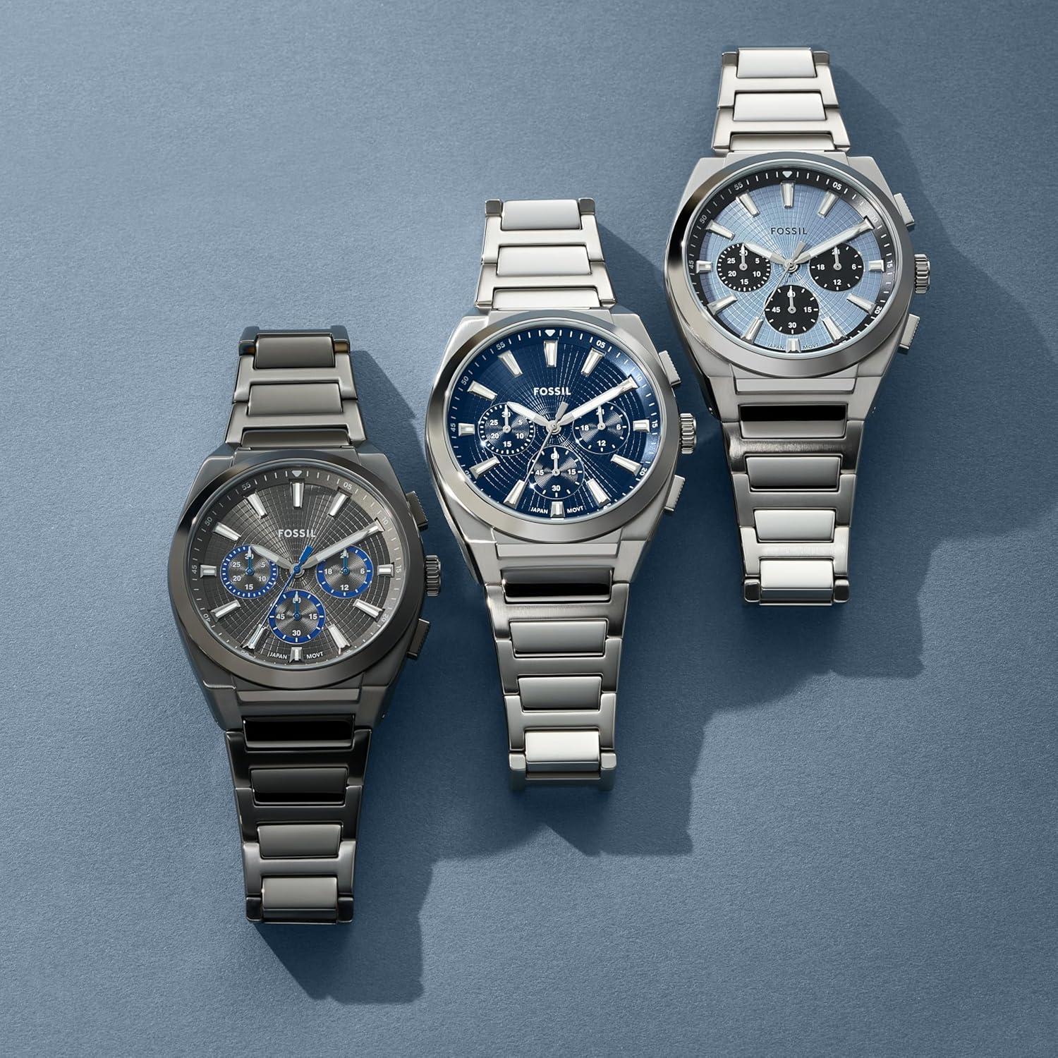 imageFossil Mens Everett Quartz Stainless Steel ThreeHand WatchSilverIce Blue Chrono