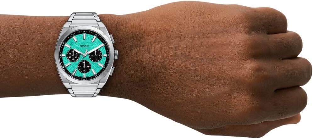 imageFossil Mens Everett Quartz Stainless Steel ThreeHand WatchSilverTurquoise Chrono
