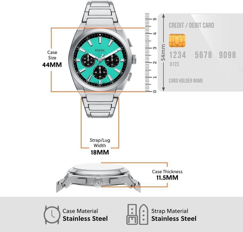 imageFossil Mens Everett Quartz Stainless Steel ThreeHand WatchSilverTurquoise Chrono