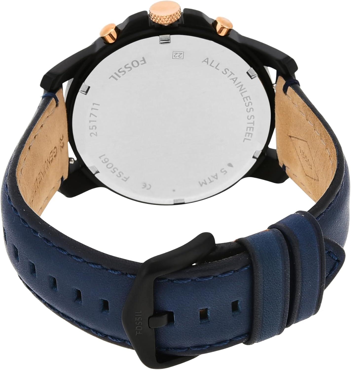 imageFossil Mens Grant Quartz Stainless Steel and Leather Chronograph WatchBlue  Black