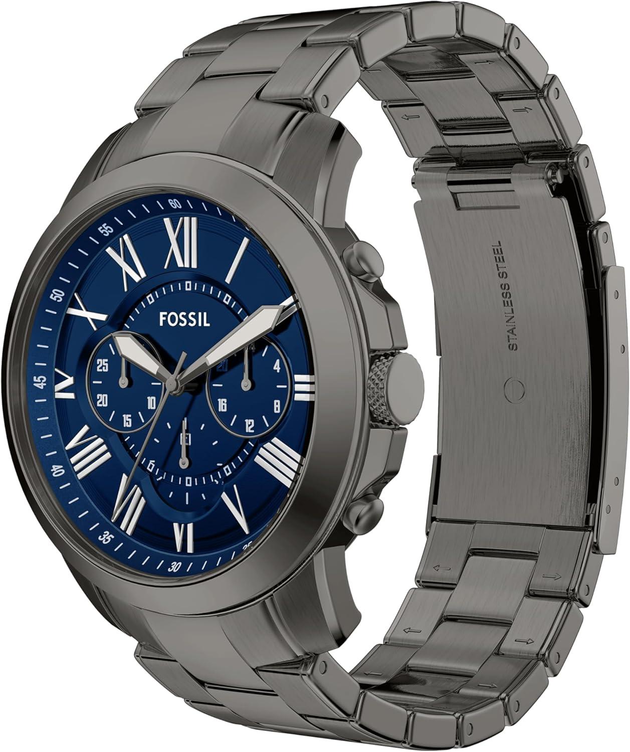 imageFossil Mens Grant Quartz Stainless Steel and Leather Chronograph WatchGunmetalBlue