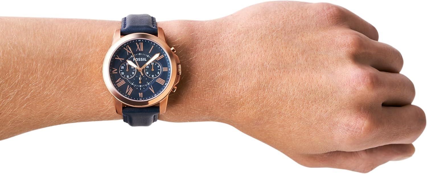 imageFossil Mens Grant Quartz Stainless Steel and Leather Chronograph WatchRose Gold  Blue
