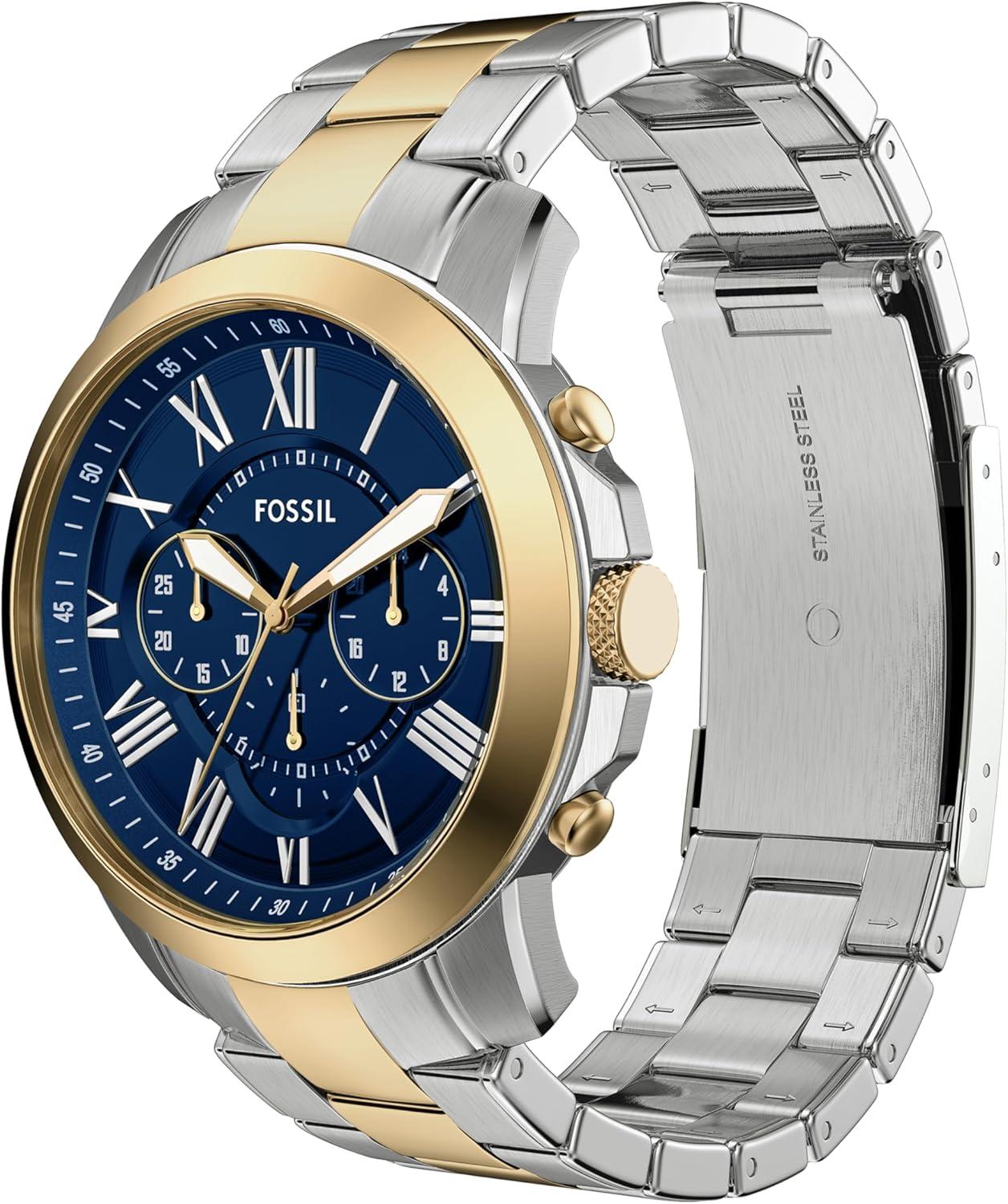 imageFossil Mens Grant Quartz Stainless Steel and Leather Chronograph WatchTwo ToneBlue