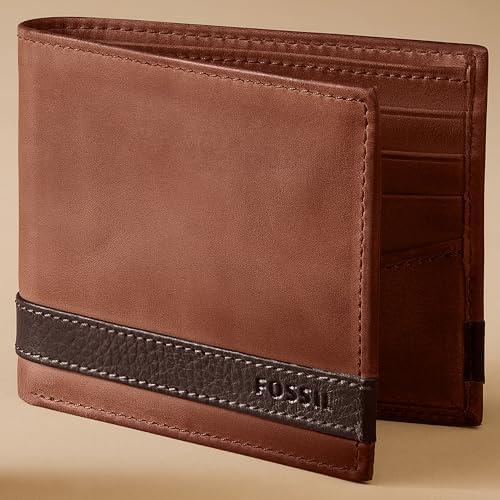 imageFossil Mens Leather Bifold Wallet with Flip ID Window for MenQuinn Brown